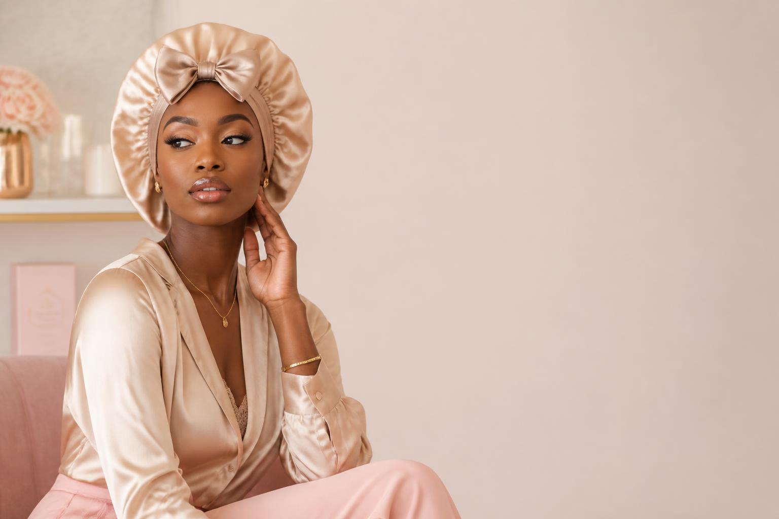 Model wearing a luxury silk bonnet and elegant outfit